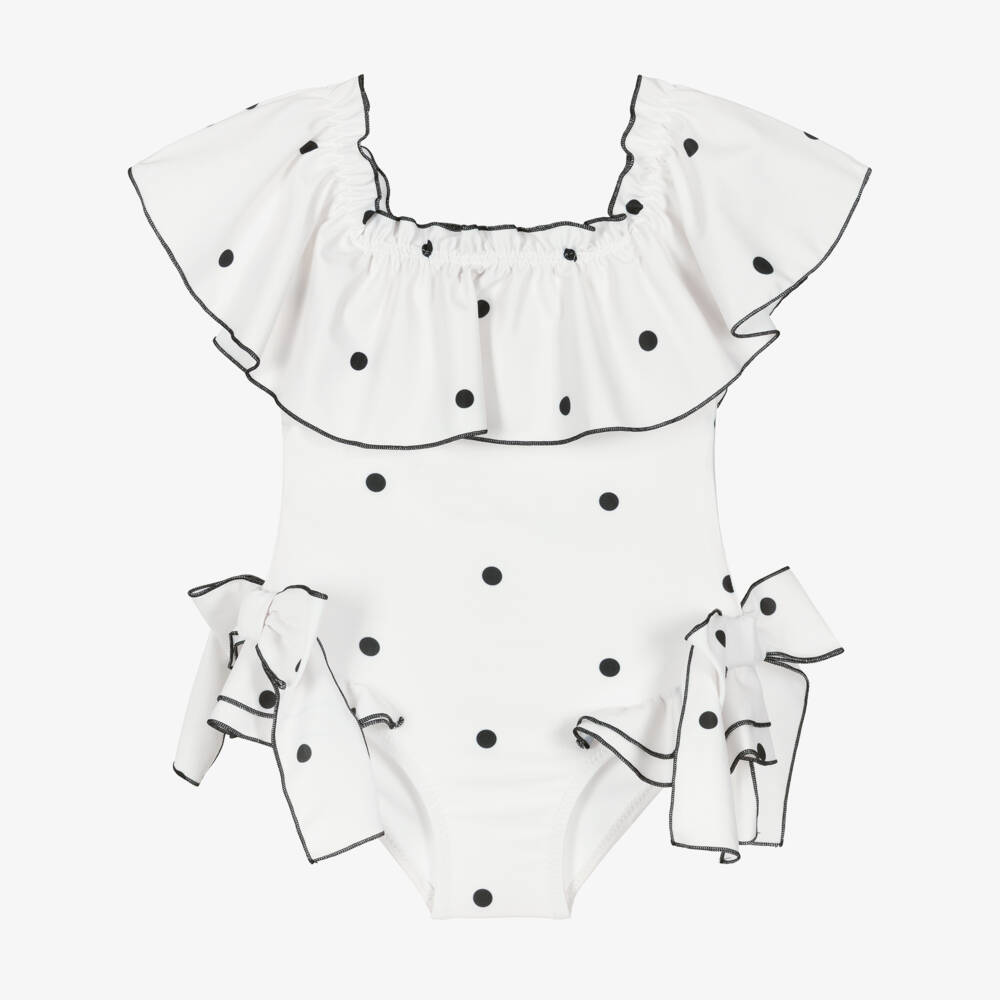 Phi Clothing-Girls Ivory Ruffle Swimsuit with Black Polka Dots | Childrensalon Outlet