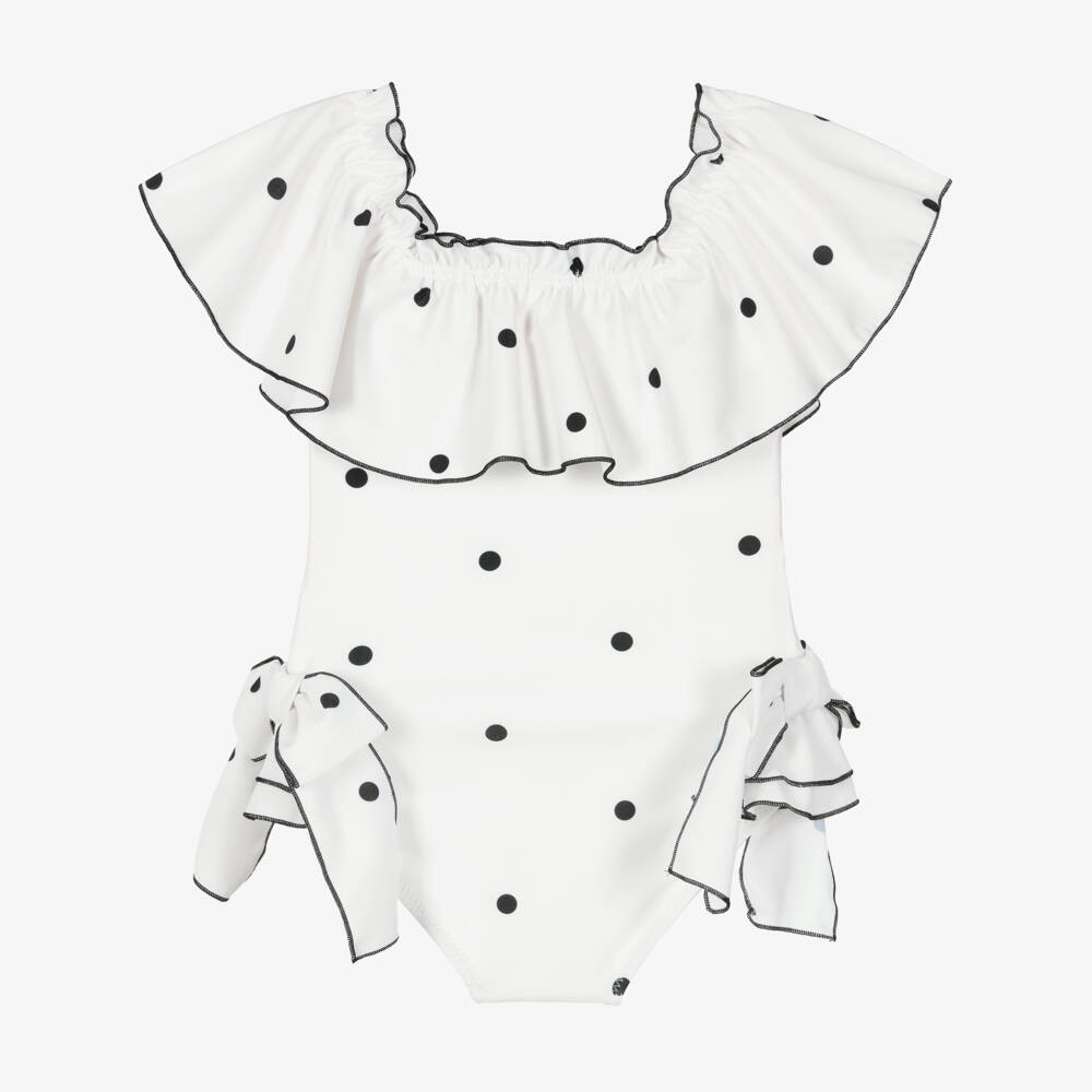Phi Clothing-Girls Ivory Ruffle Swimsuit with Black Polka Dots | Childrensalon Outlet