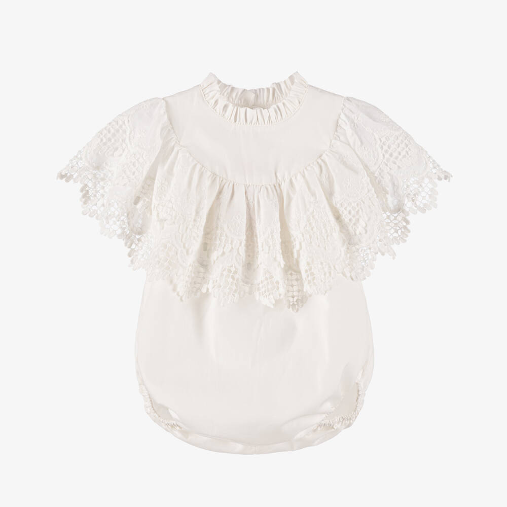 Phi Clothing-Girls Ivory Ruffled Lace Cotton Romper | Childrensalon Outlet