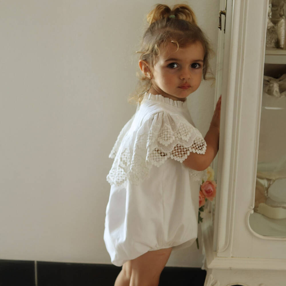 Phi Clothing-Girls Ivory Ruffled Lace Cotton Romper | Childrensalon Outlet