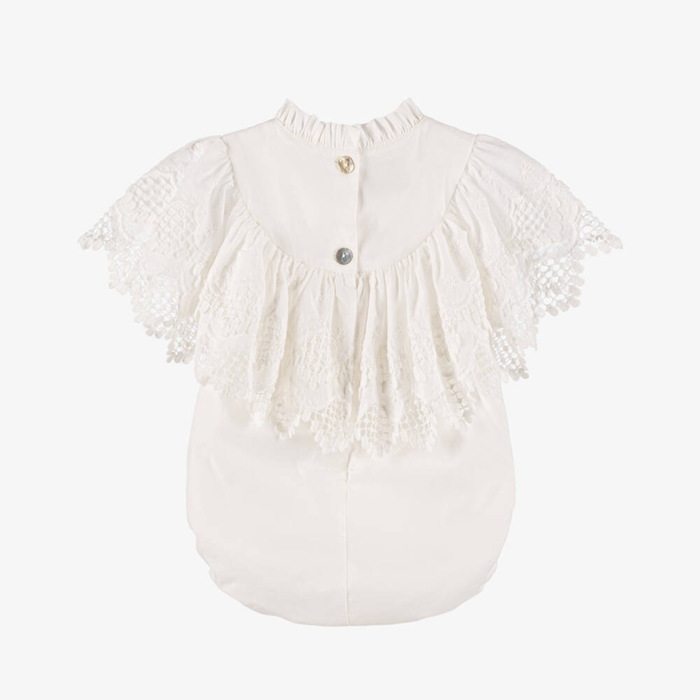 Phi Clothing-Girls Ivory Ruffled Lace Cotton Romper | Childrensalon Outlet
