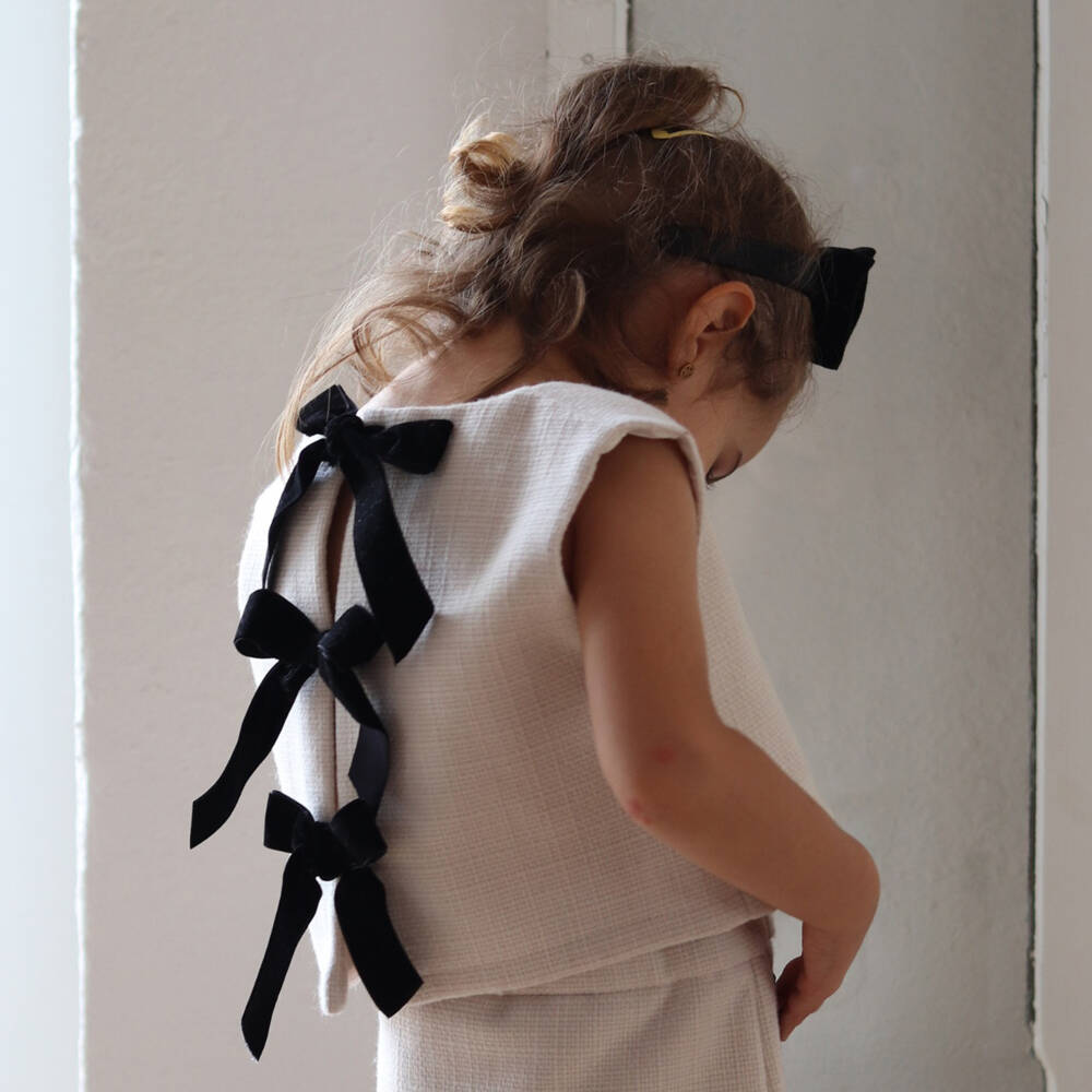 Phi Clothing-Girls Ivory Tweed Blouse with Black Velvet Bows | Childrensalon Outlet