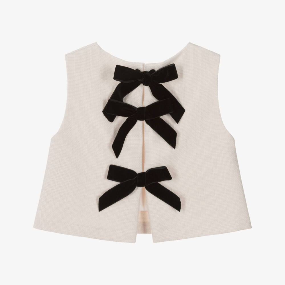 Phi Clothing-Girls Ivory Tweed Blouse with Black Velvet Bows | Childrensalon Outlet