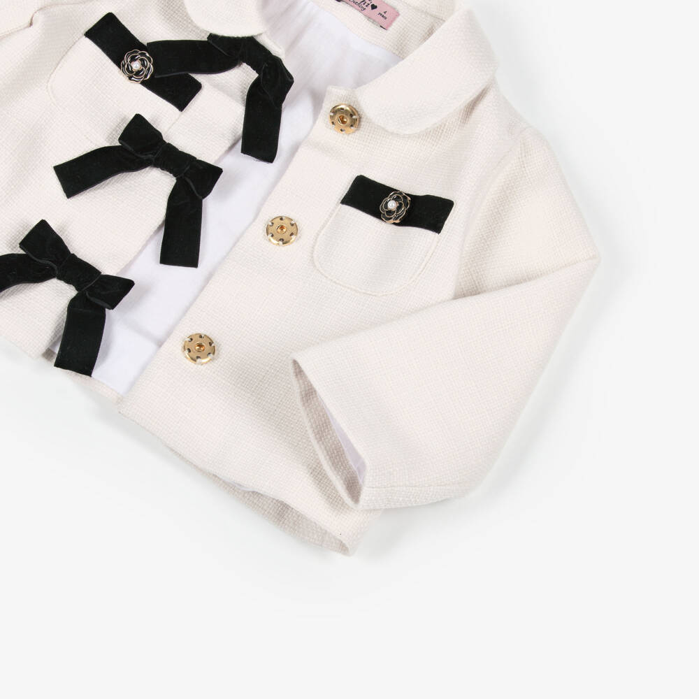 Phi Clothing-Girls Ivory Tweed Jacket with Bows | Childrensalon Outlet