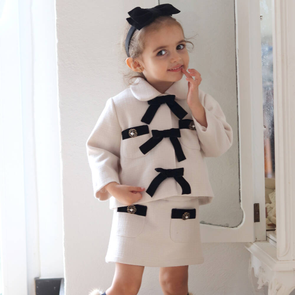 Phi Clothing-Girls Ivory Tweed Jacket with Bows | Childrensalon Outlet
