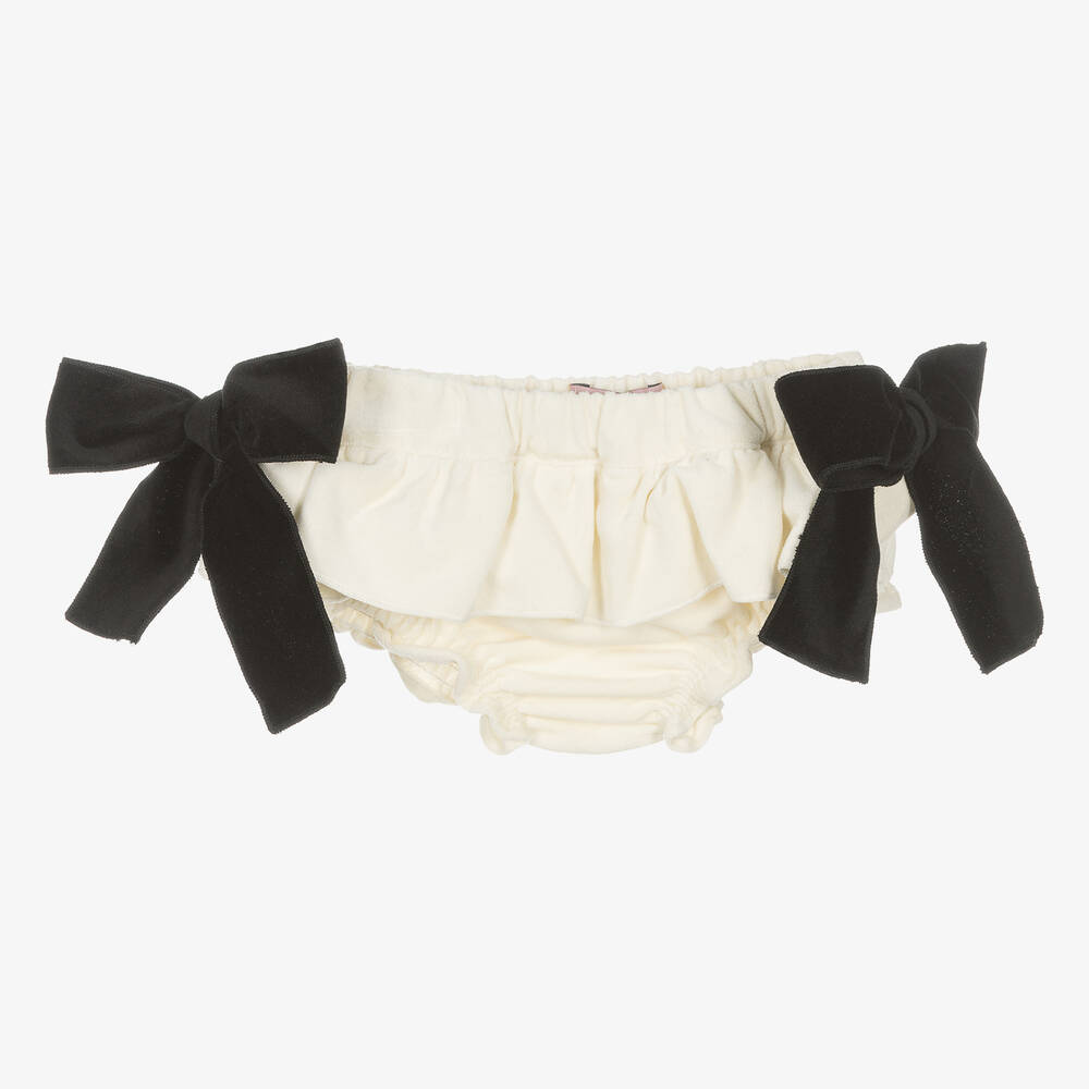 Phi Clothing - Girls Ivory Velvet Bow Bloomer Shorts | Childrensalon