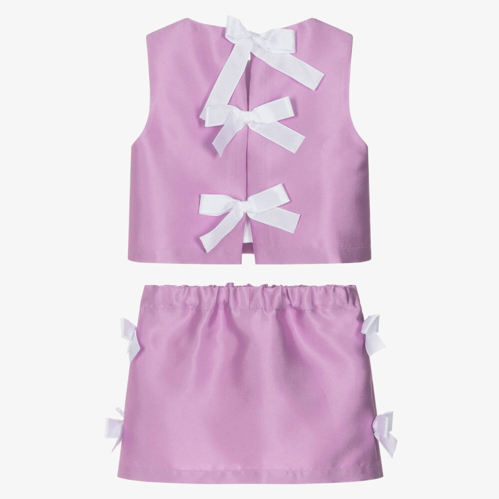 Phi Clothing-Girls Lilac Satin Twill Skirt Set with White Bows | Childrensalon Outlet