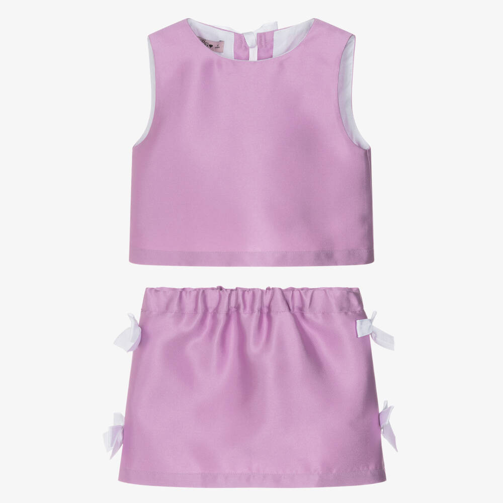 Phi Clothing-Girls Lilac Satin Twill Skirt Set with White Bows | Childrensalon Outlet