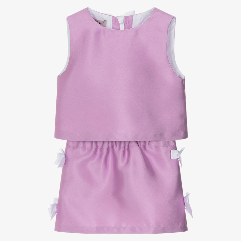 Phi Clothing-Girls Lilac Satin Twill Skirt Set with White Bows | Childrensalon Outlet
