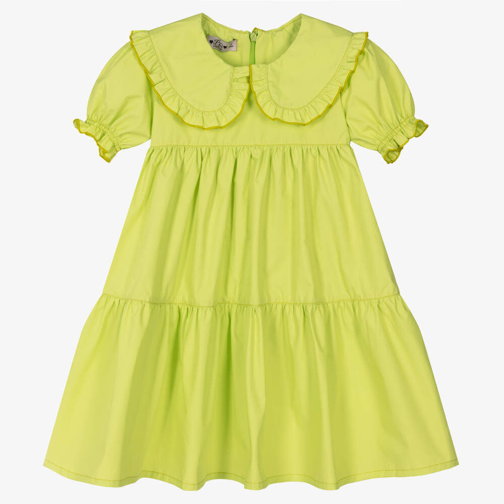 Phi Clothing - فستان بطبقات قطن بوبلين لون أخضر ليموني | Childrensalon