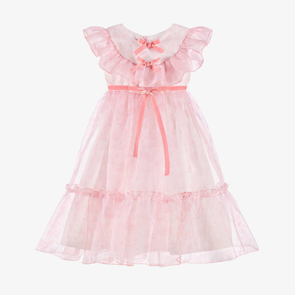 Phi Clothing-Girls Long Pink Organza Toile De Jouy Dress with Velvet Bows | Childrensalon Outlet