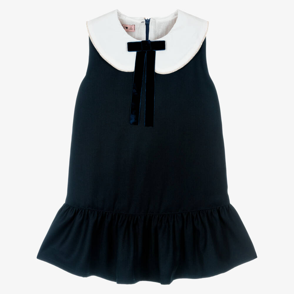 Phi Clothing-Girls Navy Blue Sleeveless Dress with White Collar | Childrensalon Outlet