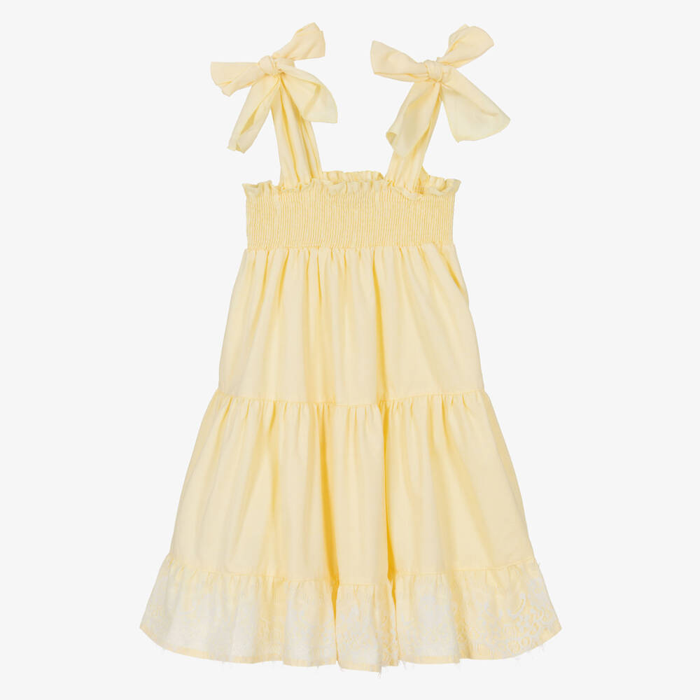 Phi Clothing-Girls Pale Yellow Cotton Sleeveless Dress with Lace Trims | Childrensalon Outlet