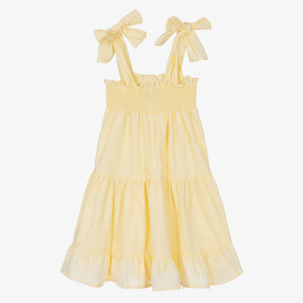 Phi Clothing-Girls Pale Yellow Cotton Sleeveless Dress with Lace Trims | Childrensalon Outlet