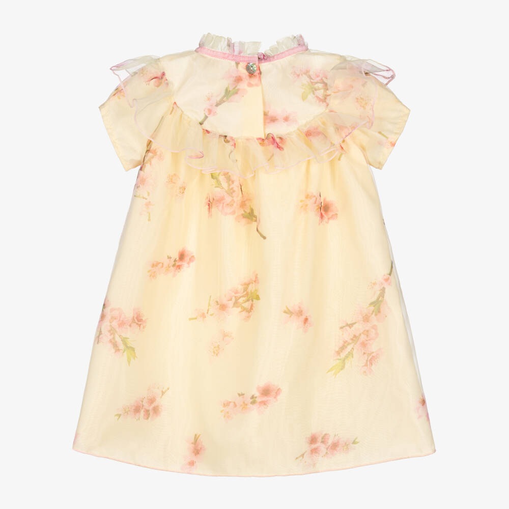 Phi Clothing-Girls Pale Yellow Organza Dress with Pink Blossom Print | Childrensalon Outlet