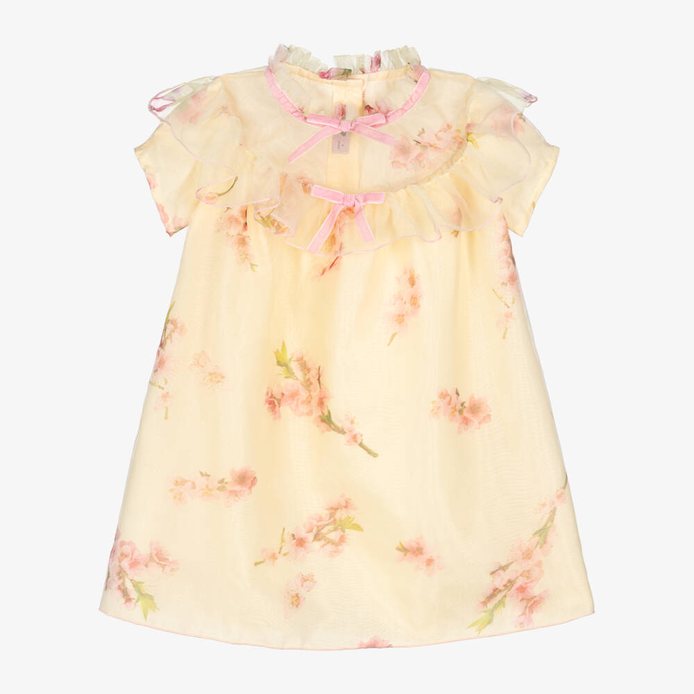 Phi Clothing-Girls Pale Yellow Organza Dress with Pink Blossom Print | Childrensalon Outlet
