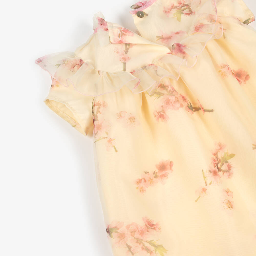 Phi Clothing-Girls Pale Yellow Organza Dress with Pink Blossom Print | Childrensalon Outlet
