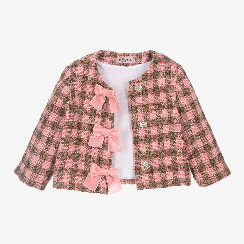 Phi Clothing-جاكيت تويد مزين بفيونكة مزيج فيسكوز لون زهري للبنات | Childrensalon Outlet