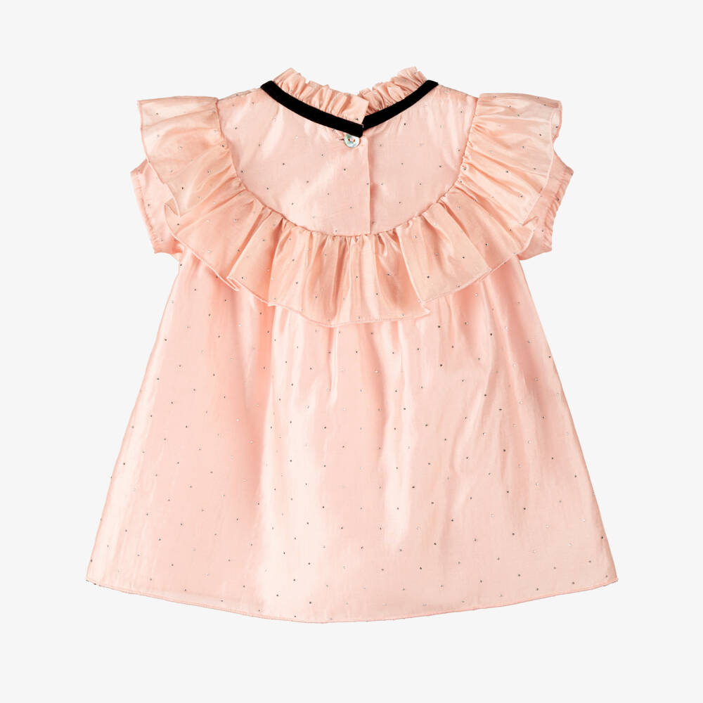 Phi Clothing-Girls Pink Chiffon & Diamanté Dress with Velvet Bows | Childrensalon Outlet