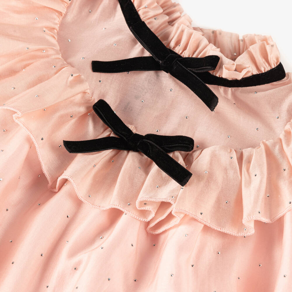 Phi Clothing-Girls Pink Chiffon & Diamanté Dress with Velvet Bows | Childrensalon Outlet