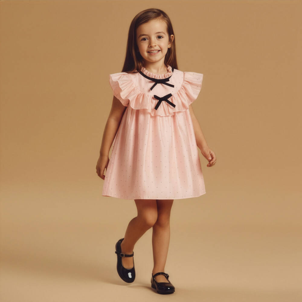 Phi Clothing-Girls Pink Chiffon & Diamanté Dress with Velvet Bows | Childrensalon Outlet