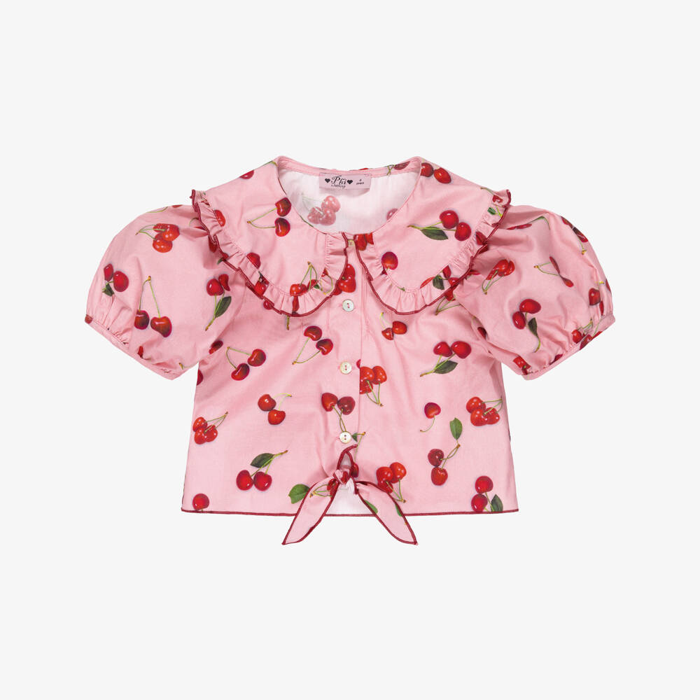Phi Clothing-Girls Pink Cotton Blouse with Red Cherry Print | Childrensalon Outlet