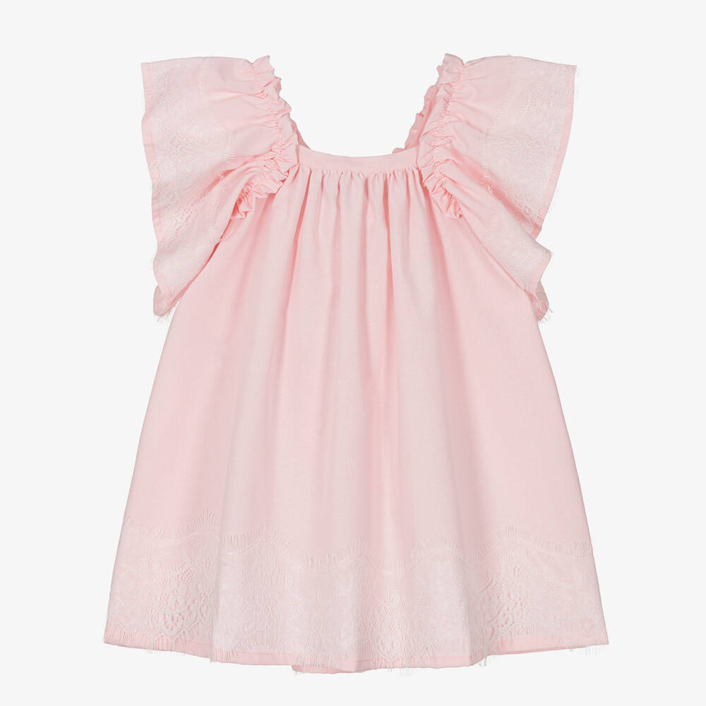 Phi Clothing-Girls Pink Cotton Flutter Lace Dress | Childrensalon Outlet