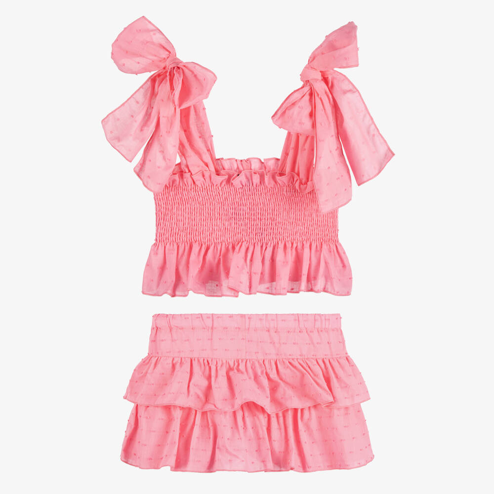 Phi Clothing-Girls Pink Cotton Plumeti Top & Skort Set | Childrensalon Outlet