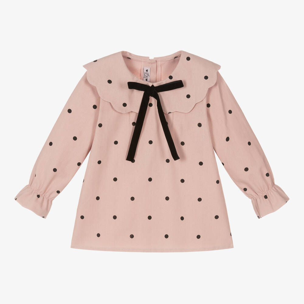 Phi Clothing - Girls Pink Cotton Polka Dot Blouse | Childrensalon