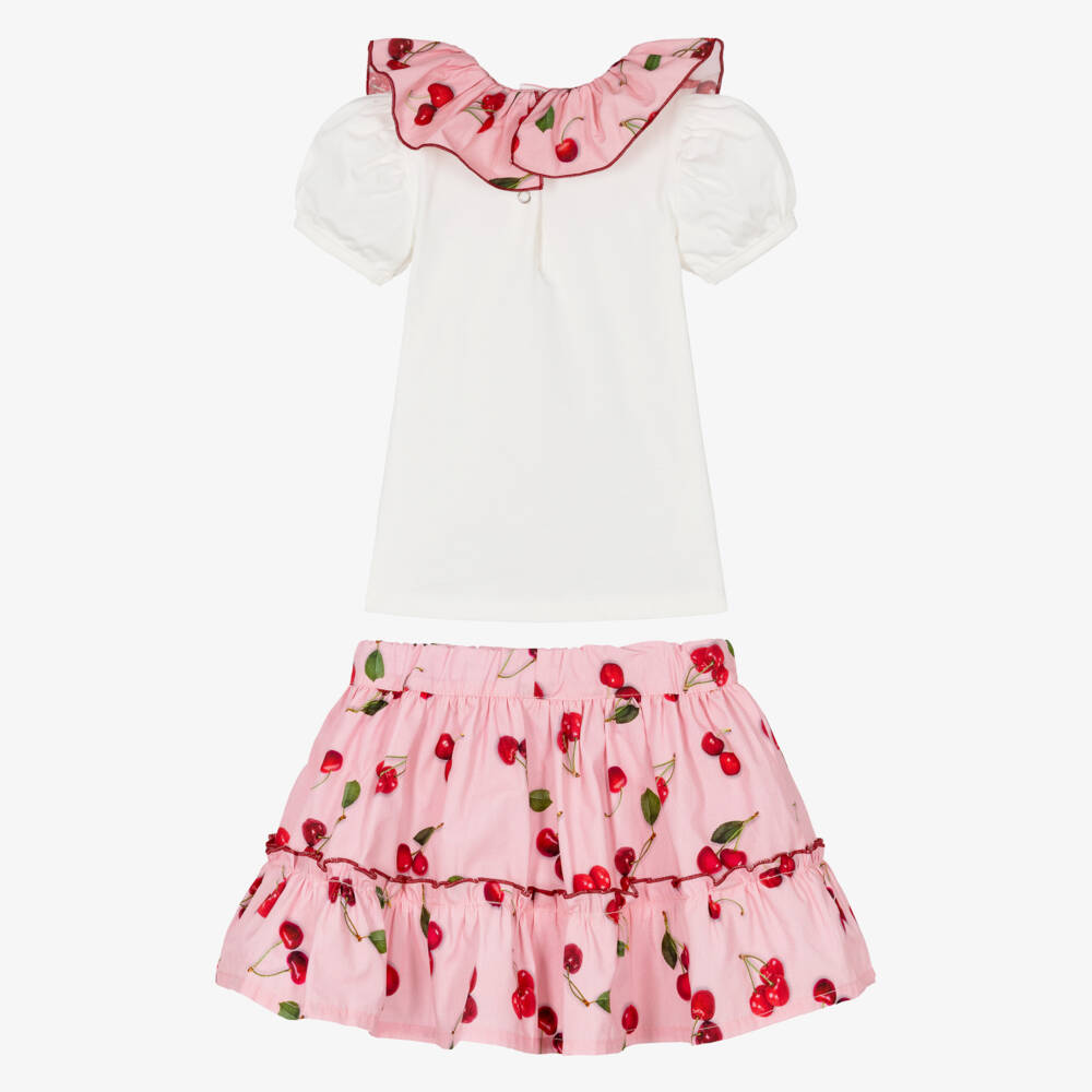 Phi Clothing-Girls Pink Cotton Skirt Set with Red Cherry Print | Childrensalon Outlet