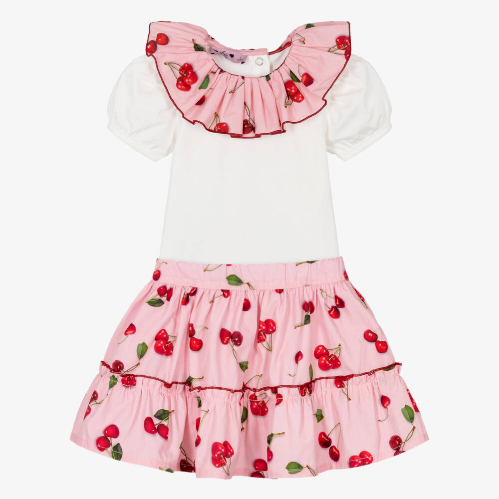 Phi Clothing-Girls Pink Cotton Skirt Set with Red Cherry Print | Childrensalon Outlet