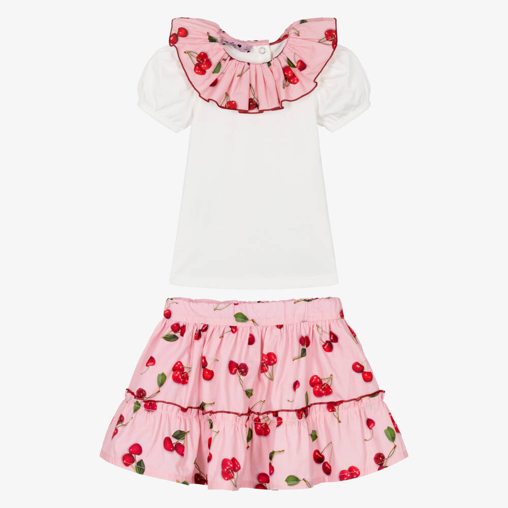 Phi Clothing-Girls Pink Cotton Skirt Set with Red Cherry Print | Childrensalon Outlet