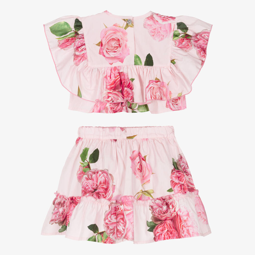 Phi Clothing-Girls Pink Floral Cotton Top & Skirt Set | Childrensalon Outlet