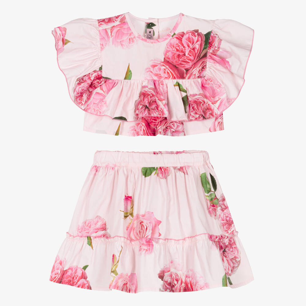 Phi Clothing-Girls Pink Floral Cotton Top & Skirt Set | Childrensalon Outlet