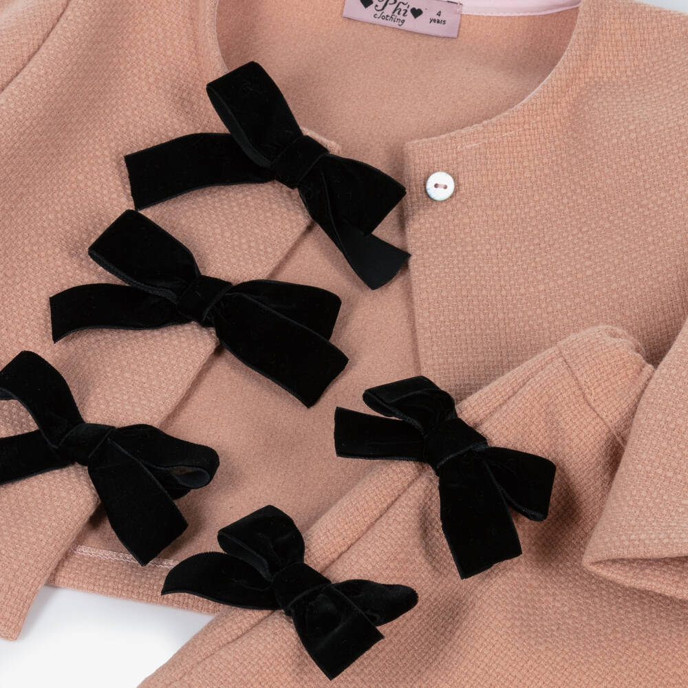 Phi Clothing-Girls Pink Jacket & Skirt Set with Black Velvet Bows | Childrensalon Outlet