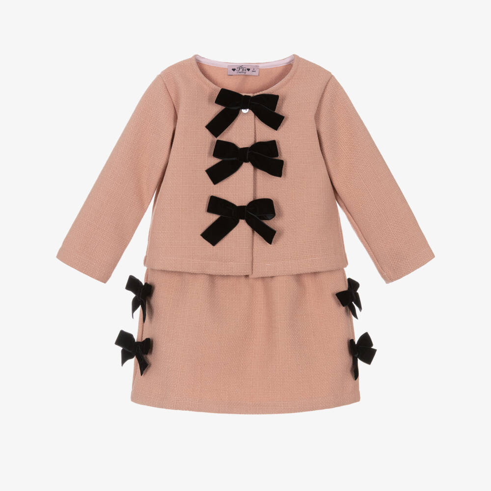 Phi Clothing-Girls Pink Jacket & Skirt Set with Black Velvet Bows | Childrensalon Outlet