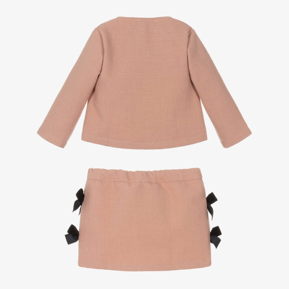 Phi Clothing-Girls Pink Jacket & Skirt Set with Black Velvet Bows | Childrensalon Outlet
