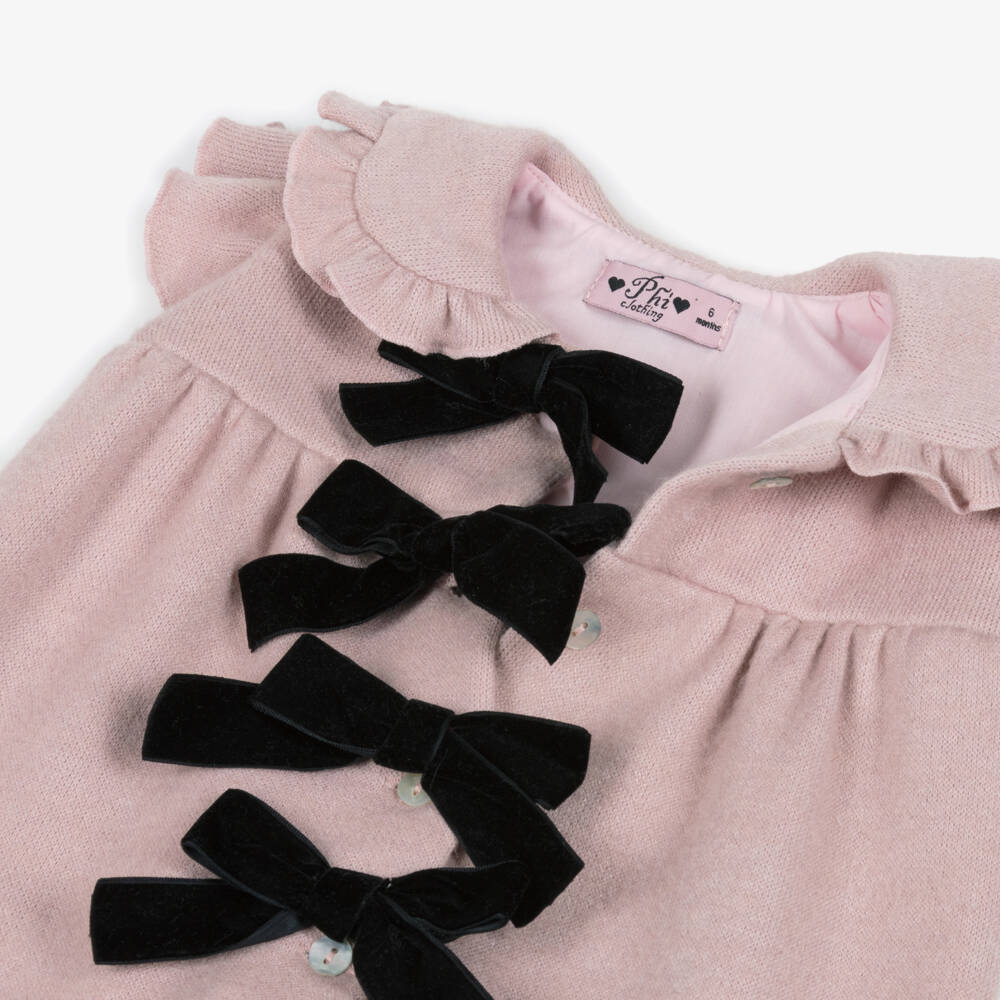 Phi Clothing-Girls Pink Knitted Jumpsuit with Black Velvet Bows | Childrensalon Outlet