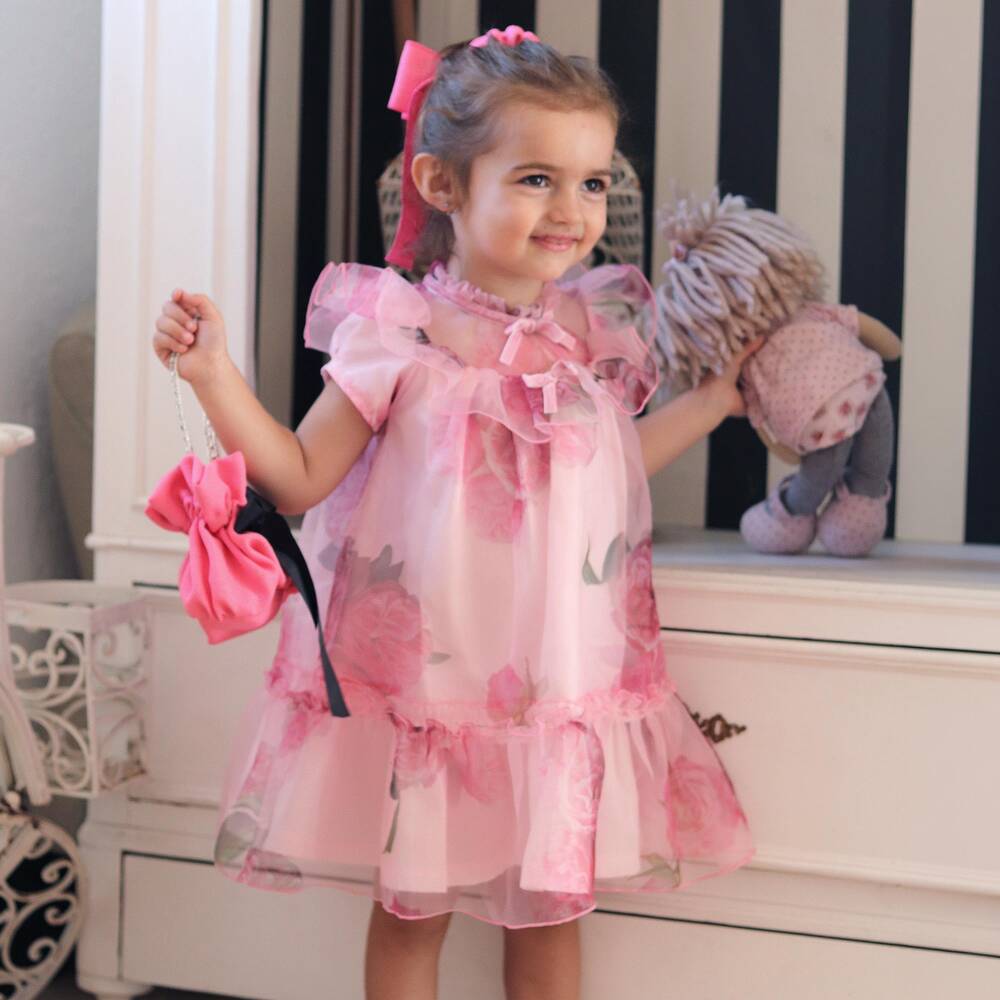 Phi Clothing-Girls Pink Organza Dress with Floral Rose Print | Childrensalon Outlet