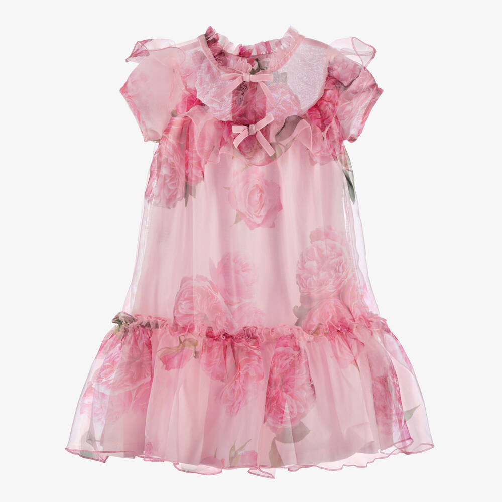 Phi Clothing-Girls Pink Organza Dress with Floral Rose Print | Childrensalon Outlet