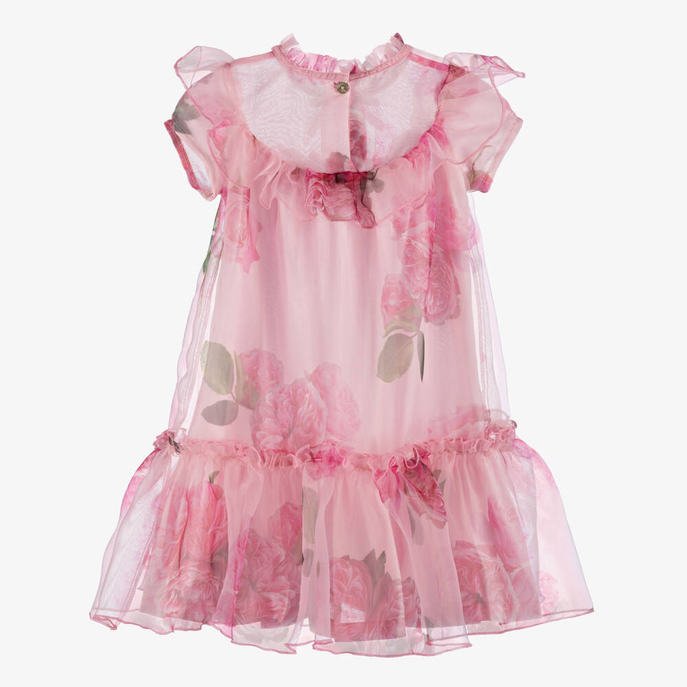 Phi Clothing-Girls Pink Organza Dress with Floral Rose Print | Childrensalon Outlet