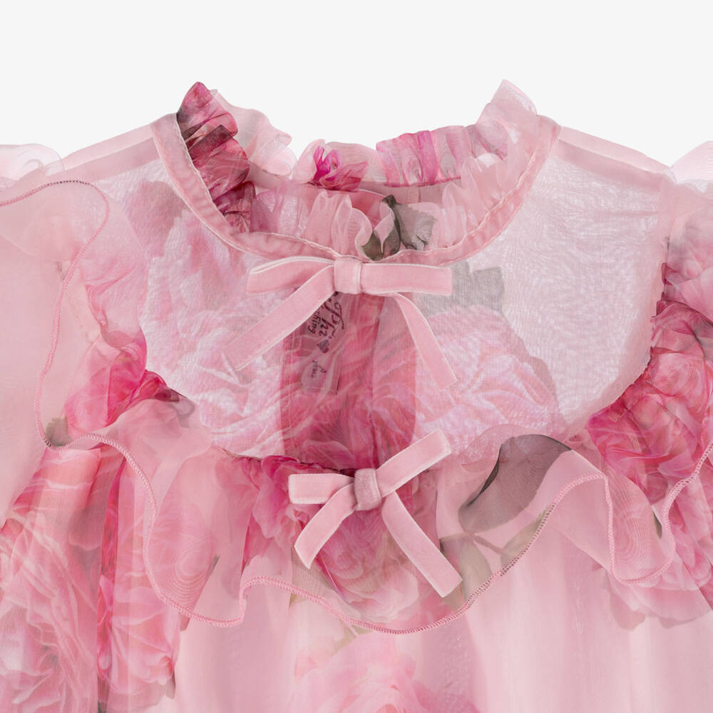 Phi Clothing-Girls Pink Organza Dress with Floral Rose Print | Childrensalon Outlet