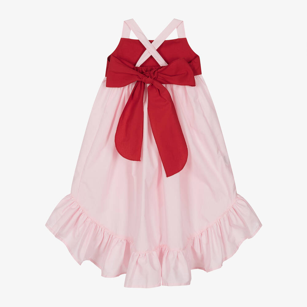 Phi Clothing-فستان قطن بوبلين لون زهري فاتح وأحمر | Childrensalon Outlet