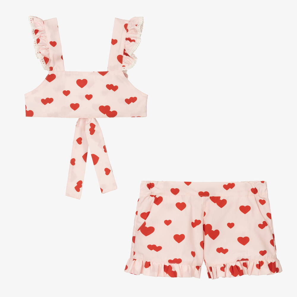 Phi Clothing - Girls Pink & Red Cotton Hearts Shorts Set | Childrensalon