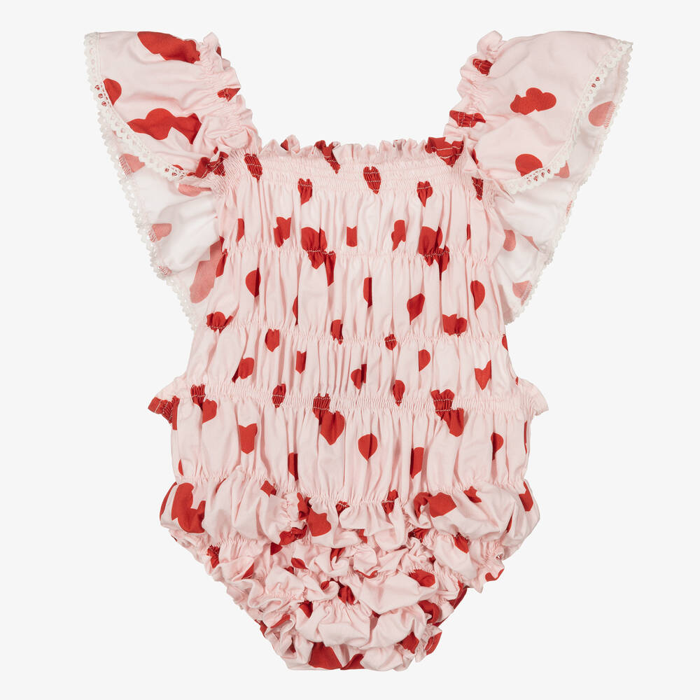 Phi Clothing - Barboteuse rose cœurs rouges fille | Childrensalon