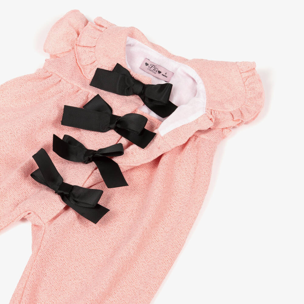 Phi Clothing-Girls Pink Sparkle Jersey Jumpsuit with Ribbon Bows | Childrensalon Outlet