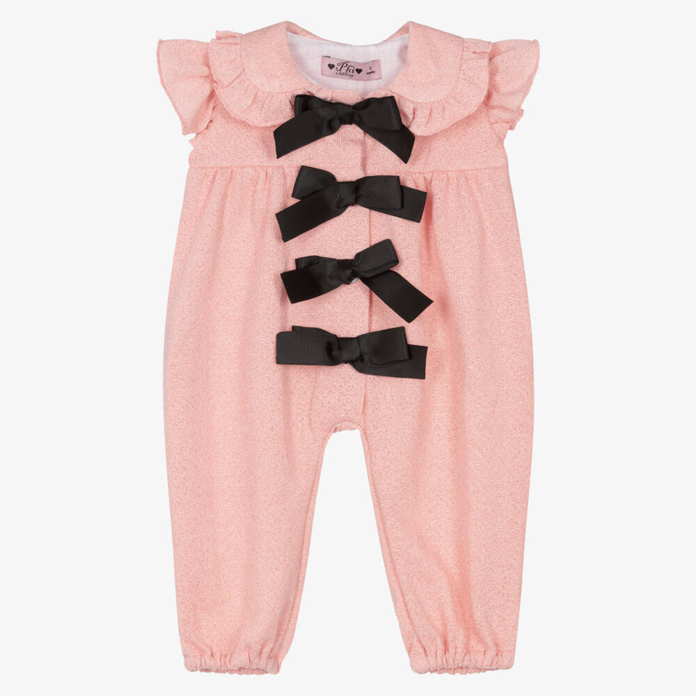 Phi Clothing-Girls Pink Sparkle Jersey Jumpsuit with Ribbon Bows | Childrensalon Outlet