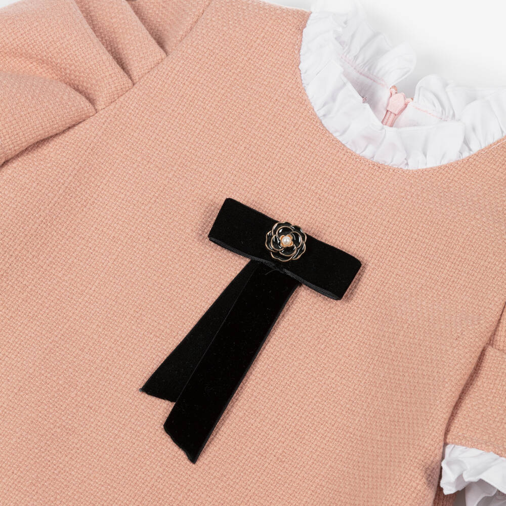 Phi Clothing-Girls Pink Tweed Dress with Black Bow | Childrensalon Outlet