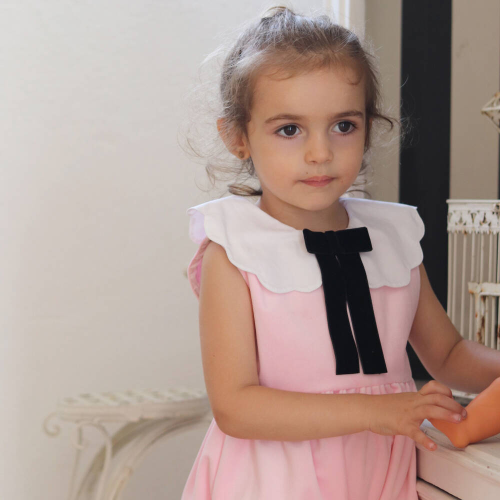 Phi Clothing-Розовый бархатный ромпер с бантом для девочек | Childrensalon Outlet