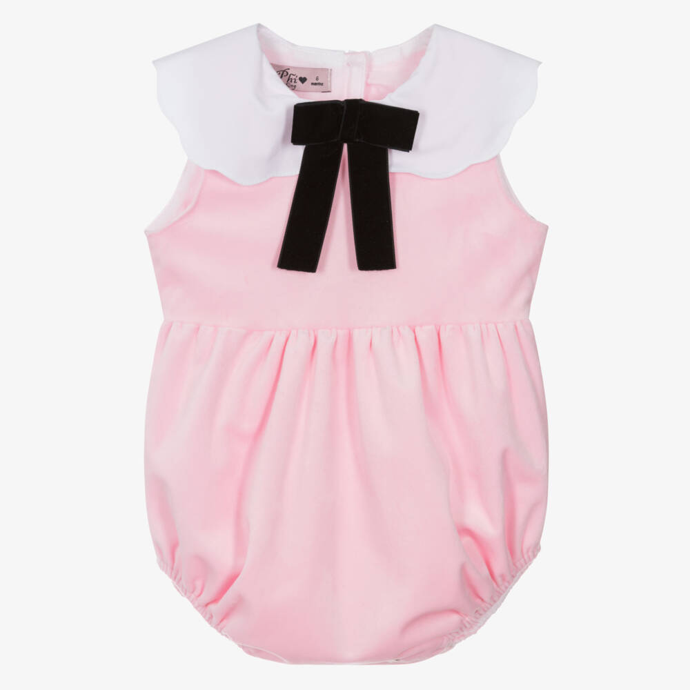 Phi Clothing-Розовый бархатный ромпер с бантом для девочек | Childrensalon Outlet